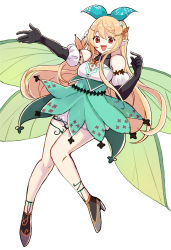 Rule 34 | 1girl, :d, absurdres, aqua bow, black gloves, blonde hair, bow, butterfly hair ornament, elbow gloves, fairy, fairy wings, full body, gloves, green ribbon, green skirt, hair between eyes, hair bow, hair ornament, hair ribbon, hakamii, halterneck, high-waist skirt, high heels, highres, knees together feet apart, long hair, looking at viewer, nijisanji, nijisanji en, open mouth, outstretched arm, outstretched hand, plant, pointy ears, pomu rainpuff, pomu rainpuff (1st costume), red eyes, ribbon, shoes, simple background, skirt, smile, solo, vines, virtual youtuber, white background, wings