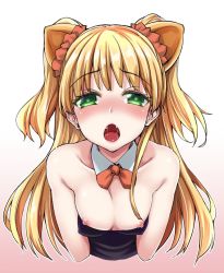 Rule 34 | 10s, 1girl, animal ears, bare arms, blonde hair, blush, bow, bowtie, breasts, breasts out, cat ears, cat girl, collarbone, detached collar, fangs, female focus, gradient background, green eyes, half-closed eyes, idolmaster, idolmaster cinderella girls, jougasaki rika, long hair, looking at viewer, mushi024, nipples, open mouth, saliva, scrunchie, small breasts, solo, strapless, tongue, two side up, upper body