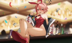 Rule 34 | 1girl, aer7o, angry, animal ears, armpit crease, bandaid, bandaid on foot, bandaid on knee, bandaid on leg, banknote, bare legs, bare shoulders, blue archive, blurry, blurry background, blush, bottle, bow, bowtie, braid, breasts, breasts apart, card, casino, collar, confetti, covered navel, crossed legs, depth of field, detached collar, earrings, fake animal ears, fang, film grain, hair between eyes, heart, high heels, highleg, highleg leotard, highres, holding, jacket, jewelry, legs, leotard, long hair, looking at viewer, mole, mole under eye, money, neru (blue archive), neru (bunny) (blue archive), no bra, off shoulder, open mouth, oversized breast cup, pink hair, playboy bunny, playing card, poker chip, rabbit ears, red bow, red bowtie, red eyes, red footwear, red leotard, shoes, sitting, solo, strapless, strapless leotard, stud earrings, thighs, traditional bowtie, v-shaped eyebrows, white collar, white jacket