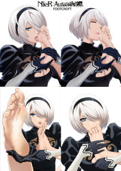 Rule 34 | 1girl, 2b (nier:automata), absurdres, barefoot, black gloves, black hairband, blue eyes, bob cut, breasts, cleavage, cleavage cutout, closed eyes, clothing cutout, commentary, english commentary, eyelashes, feet, foot croft, foot focus, foot up, foreshortening, gloves, grey hair, hair over one eye, hairband, highres, juliet sleeves, leg up, licking own foot, logo, long sleeves, looking at viewer, medium breasts, medium hair, mole, mole under mouth, multiple views, nier:automata, nier (series), parted lips, puffy sleeves, simple background, soles, swept bangs, toenails, tongue, tongue out, upper body, white background