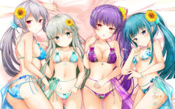Rule 34 | 4girls, aqua hair, artist name, ass, back, bare shoulders, bed sheet, bikini, blue bikini, blush, bow, bracelet, breasts, chestnut mouth, chiyoura ayame, cleavage, closed mouth, collarbone, commentary request, crotch, dated, flower, frown, girlfriend (kari), gluteal fold, grey eyes, grey hair, groin, hair flower, hair ornament, high ponytail, highres, jewelry, kagurazaka saya, large breasts, lineup, long hair, looking at viewer, lying, masa (mirage77), masaoka mai, medium breasts, multiple girls, navel, necklace, on back, on bed, on side, open mouth, ponytail, print bikini, purple bikini, purple eyes, purple hair, red eyes, scrunchie, shigeto akiho, shiny skin, shoulder blades, side ponytail, skindentation, small breasts, sunflower, sunflower hair ornament, swimsuit, thighs, very long hair, white bikini, yellow flower