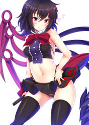 Rule 34 | 1girl, asymmetrical wings, bare arms, black hair, black thighhighs, blush, bow, cameltoe, covered erect nipples, crop top, ebi 193, female focus, heart, houjuu nue, midriff, navel, red eyes, revision, skirt, solo, thighhighs, touhou, wings