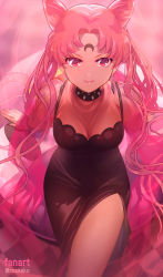 Rule 34 | 1girl, bishoujo senshi sailor moon, black dress, black lady (sailor moon), chibi usa, crescent, crescent facial mark, double bun, dress, earrings, facial mark, forehead mark, from above, hair bun, highres, jewelry, long hair, looking at viewer, pink eyes, pink hair, rasneko, see-through, see-through sleeves, side slit, sitting, smile, solo, twintails