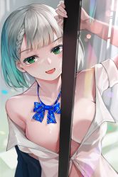 Rule 34 | 1girl, :d, arm up, blue bow, blue bowtie, bow, bowtie, braid, breasts, green eyes, grey hair, highres, hololive, large breasts, looking at viewer, medium hair, naked shirt, no bra, open mouth, shirogane noel, shirogane noel (school uniform), shirt, short sleeves, smile, solo, striped bow, striped bowtie, striped clothes, upper body, virtual youtuber, white shirt, yoshikawa hiro