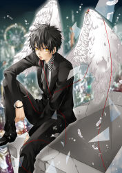 Rule 34 | 1boy, angel, black hair, child, feathers, formal, hakuseki, highres, male focus, sitting, solo, string, string of fate, suit, wings, yellow eyes