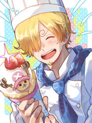 1boy :3 ^_^ antlers blonde_hair blue_neckerchief blush chef_hat closed_eyes crepe cross curly_eyebrows facial_hair food fruit goatee hair_over_one_eye hat highres holding holding_food horns male_focus neckerchief nin32zawa151 one_piece open_mouth reindeer_antlers sanji_(one_piece) short_hair strawberry tony_tony_chopper translation_request upper_body