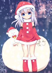 Rule 34 | 1girl, angora rabbit, animal, bare shoulders, bell, blue eyes, blue hair, blush, boots, bow, christmas, commentary request, detached sleeves, dress, flat chest, full body, fur-trimmed boots, fur-trimmed dress, fur-trimmed sleeves, fur collar, fur trim, gochuumon wa usagi desu ka?, hair between eyes, hair ornament, hairclip, hat, highres, kafuu chino, knee boots, light blue hair, light particles, long hair, looking at viewer, multicolored background, parted lips, rabbit, red bow, red dress, red footwear, red hat, sack, santa costume, santa hat, sidelocks, sleeveless, sleeveless dress, snowflakes, standing, tippy (gochiusa), x hair ornament, y mazun