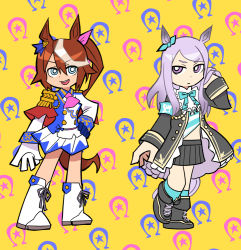 Rule 34 | 2girls, animal ears, ankle boots, armband, ascot, asymmetrical gloves, black coat, black footwear, black skirt, blue eyes, blue gloves, blue jacket, blue skirt, boots, bow, bowtie, brown hair, buttons, capelet, coat, commentary, cross-laced footwear, double-breasted, ear piercing, english commentary, epaulettes, frilled coat, frilled shirt collar, frilled sleeves, frills, gloves, gold trim, green bow, hair bow, hair flaps, high ponytail, horse ears, horse girl, horse tail, horseshoe print, hotsaurus, jacket, knee boots, lace-up boots, light brown hair, long hair, long sleeves, looking at viewer, mejiro mcqueen (umamusume), midriff, miniskirt, mismatched gloves, multicolored clothes, multicolored hair, multicolored jacket, multiple girls, panty &amp; stocking with garterbelt, parody, piercing, pink ascot, pink bow, pink headwear, pleated skirt, purple eyes, purple hair, red capelet, single epaulette, skirt, streaked hair, style parody, tail, thick eyebrows, tokai teio (umamusume), two-tone hair, two-tone jacket, two-tone skirt, umamusume, white footwear, white gloves, white jacket, white skirt, yellow background