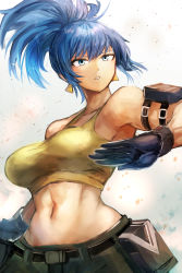 Rule 34 | 1girl, absurdres, arm pouch, belt pouch, black gloves, blue eyes, blue hair, breasts, earrings, gloves, hatano kiyoshi, high ponytail, highres, jewelry, large breasts, leona heidern, long hair, midriff, navel, pouch, solo, tank top, the king of fighters, triangle earrings, upper body, yellow tank top