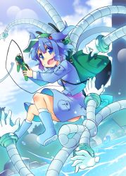 Rule 34 | 1girl, backpack, bag, blue eyes, blue hair, boots, controller, female focus, game controller, hair bobbles, hair ornament, hat, kawashiro nitori, long sleeves, matching hair/eyes, mechanical arms, open mouth, rubber boots, shirt, single mechanical arm, skirt, solo, toto nemigi, touhou, twintails, two side up, water