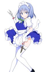 Rule 34 | 1girl, absurdres, apron, back bow, between fingers, black footwear, blue dress, blue eyes, blush, bow, bowtie, braid, breasts, closed mouth, collared shirt, dress, elbow gloves, eyes visible through hair, frills, gloves, green bow, green bowtie, grey hair, hand up, highres, holding, izayoi sakuya, knife, looking at viewer, maid, maid headdress, medium breasts, puffy short sleeves, puffy sleeves, shiisuu rattamu, shirt, shoes, short hair, short sleeves, simple background, smile, solo, standing, thighhighs, touhou, twin braids, weapon, white apron, white background, white bow, white gloves, white shirt, white thighhighs