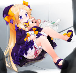 Rule 34 | 1girl, abigail williams (fate), absurdres, anbee (arary), bag, bandage on face, bandages, bangade, blonde hair, bloomers, blush, bow, breath, closed mouth, dress, embarrassed, fate/grand order, fate (series), female focus, footwear bow, full body, hair bow, hat, highres, holding, indoors, knees up, long hair, long sleeves, orange bow, peeing, peeing self, puddle, purple bow, purple dress, purple eyes, purple footwear, purple hat, shoes, sitting, smile, solo, stuffed animal, stuffed toy, sweat, tears, teddy bear, trembling, underwear, very long hair, wet, wet clothes