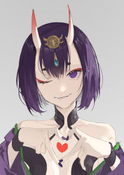 Rule 34 | 1girl, bob cut, breasts, fang, fang out, fate/grand order, fate (series), headpiece, heart, heart hands, highres, horns, jewelry, makeup, one eye closed, oni, purple eyes, purple hair, revealing clothes, short hair, shuten douji (fate), simple background, skin-covered horns, small breasts, solo, yeyuanqianqianqian