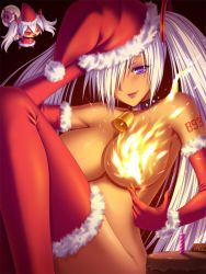 Rule 34 | 1girl, bell, neck bell, breasts, cake, christmas, collar, dark skin, dark-skinned female, elbow gloves, fire, fire, food, gloves, hat, large breasts, nude, pastry, purple eyes, santa costume, solo, thighhighs, twintails, vocaloid, white hair, xai, yamine aku