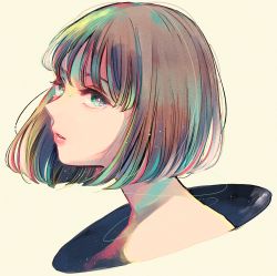 Rule 34 | 1girl, bob cut, brown hair, highres, looking at viewer, original, parted lips, portrait, richard-kun, short hair, simple background, solo, yellow background