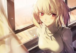 Rule 34 | 1girl, antenna hair, arcueid brunestud, blonde hair, blush, breasts, closed mouth, commentary request, day, hair intakes, highres, jewelry, large breasts, light particles, light rays, long sleeves, looking at viewer, melty blood, necklace, red eyes, satsuki (satsuki art), short hair, smile, solo, sunlight, sweater, tsukihime, tsukihime (remake), turtleneck, type-moon, upper body, white sweater, window