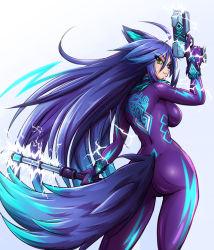 Rule 34 | 1girl, adapted costume, ahoge, animal ears, ass, back, baton, baton (weapon), blue hair, bodysuit, breasts, dual wielding, electricity, electro shock prod, electroshock weapon, energy, from behind, glowing, green eyes, gun, holding, impossible clothes, large breasts, less-than-lethal weapon, long hair, looking back, mazume, monster girl, monster girl encyclopedia, raiju (monster girl encyclopedia), revealing clothes, skin tight, slit pupils, solo, stun baton, tail, taser, very long hair, weapon, weasel ears, weasel tail, white electricity