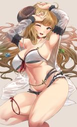 Rule 34 | 1girl, ahoge, anila (granblue fantasy), anila (summer) (granblue fantasy), armpits, arms up, bare shoulders, belly chain, bikini, black bikini, blonde hair, blush, breasts, cleavage, collarbone, detached sleeves, draph, granblue fantasy, highres, horns, hotate-chan, jewelry, large breasts, layered bikini, long hair, looking at viewer, navel, one eye closed, open mouth, sheep horns, short eyebrows, smile, swimsuit, thighs, white bikini, wide sleeves, yellow eyes