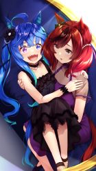 Rule 34 | 2girls, :d, ahoge, black choker, black dress, blue eyes, blue hair, blue nails, bow, carrying, choker, commentary request, couch, crossed bangs, dress, ear bow, flower, green bow, grey eyes, hair flower, hair ornament, hair ribbon, hands on another&#039;s shoulders, heterochromia, highres, horse girl, long hair, merxkialis, multiple girls, nail polish, nice nature (umamusume), on couch, open mouth, pink nails, princess carry, purple dress, purple eyes, red eyes, ribbon, sharp teeth, shoes, short sleeves, simple background, sleeveless, sleeveless dress, smile, teeth, twin turbo (umamusume), twintails, umamusume, upper teeth only, very long hair, wrist cuffs