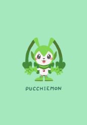 Rule 34 | blush, digimon, digimon (creature), gloves, grey background, heart, pucchiemon (green), solo