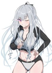 Rule 34 | 1girl, absurdres, ak-12 (age of slushies) (girls&#039; frontline), ak-12 (girls&#039; frontline), artificial eye, bad id, bad twitter id, bikini, braid, breasts, cleavage, closed mouth, crop top, french braid, fuku00, girls&#039; frontline, glowing, glowing eyes, grey bikini, hair ribbon, hand on own hip, high ponytail, highres, large breasts, long hair, midriff, navel, official alternate costume, one eye closed, panties, ponytail, purple eyes, ribbon, sidelocks, silver bikini, silver hair, smile, standing, swimsuit, thighs, underwear, unzipping, zipper, zipper pull tab