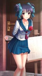 Rule 34 | 1girl, arms behind back, black hair, blue bow, blue sailor collar, blue skirt, bow, closed mouth, collarbone, collared shirt, day, double bun, doukyuusei 2, doukyuusei another world, flower, game cg, hair bow, hair bun, holding, holding flower, leaning forward, long sleeves, looking at viewer, miniskirt, narusawa yui, neckerchief, official art, outdoors, pink flower, pleated skirt, red eyes, red flower, red neckerchief, red rose, rose, sailor collar, sailor shirt, school uniform, shirt, skirt, smile, solo, standing, striped, striped bow, white shirt