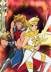 Rule 34 | 1boy, 1girl, absurdres, blonde hair, blue eyes, crossover, he-man, highres, holding, holding sword, holding weapon, long hair, masters of the universe, masters of the universe 2021, she-ra, she-ra and the princesses of power, sword, weapon