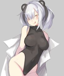 Rule 34 | 1girl, :q, alternate costume, animal ears, arknights, bare shoulders, bear ears, black leotard, blush, breasts, bright pupils, closed mouth, contrapposto, covered collarbone, covered navel, cowboy shot, enoki p, feater (arknights), grey background, groin, hair over one eye, highleg, highleg leotard, highres, large breasts, leotard, looking at viewer, multicolored hair, open clothes, open shirt, orange eyes, shirt, short hair, short twintails, silver hair, simple background, smile, solo, streaked hair, tongue, tongue out, twintails, two-tone hair, undressing, white shirt