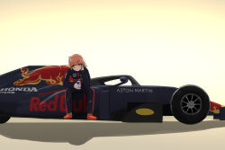 Rule 34 | 1girl, aston martin, black jumpsuit, blush, can, car, colored tips, country connection, formula one, formula racer, green hair, hand on own neck, highres, holding, holding can, hololive, hololive english, honda, jumpsuit, logo, looking to the side, motor vehicle, multicolored hair, n13, orange hair, purple eyes, race vehicle, racecar, racing suit, red bull, red footwear, shadow, shoes, sitting, solo, takanashi kiara, vehicle focus, virtual youtuber, yellow background