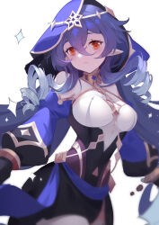Rule 34 | 1girl, black skirt, blue hair, blue hood, blue sleeves, circlet, closed mouth, commentary, cowboy shot, detached sleeves, drill hair, drill sidelocks, english commentary, expressionless, genshin impact, gold trim, hair between eyes, highres, layla (genshin impact), long hair, pointy ears, puffy sleeves, red eyes, sidelocks, simple background, skirt, solo, sparkle, white background, woodylixx