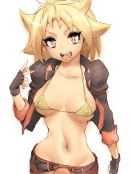 Rule 34 | &gt;:d, 00s, 1girl, :d, belt, beyblade, bikini, bikini top only, bikini under clothes, black gloves, blonde hair, breasts, breasts apart, cleavage, clenched hand, collarbone, covered erect nipples, cropped jacket, curvy, fangs, fingerless gloves, fumio (rsqkr), gloves, high collar, jacket, kurenai ren, large breasts, looking at viewer, lowleg, lowleg shorts, metal fight beyblade, micro bikini, narrow waist, navel, open clothes, open jacket, open mouth, orange eyes, short hair, shorts, sideboob, simple background, sketch, skindentation, sleeves rolled up, smile, solo, spiked hair, standing, string bikini, swimsuit, swimsuit under clothes, underboob, upper body, v-shaped eyebrows, wide hips, yellow bikini