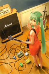 Rule 34 | 1girl, amplifier, barefoot, cable, dress, electric guitar, fender (company), fender mustang, from above, gibson, gibson les paul, green eyes, green hair, guitar, hatsune miku, instrument, long hair, looking back, marshall, matching hair/eyes, solo, twintails, v, very long hair, vocaloid, zenox