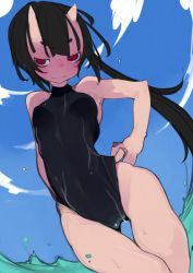 Rule 34 | 1girl, bare shoulders, black hair, breasts, dutch angle, female focus, from below, horns, kimura akiyoshi, long hair, looking at viewer, one-piece swimsuit, original, ponytail, red eyes, small breasts, smile, solo, swimsuit, upper body, wet