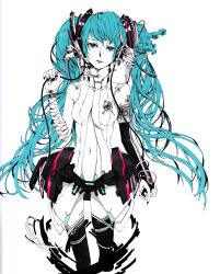 Rule 34 | 1girl, ao fujimori, aqua eyes, bad id, bad pixiv id, breasts, female focus, hatsune miku, hatsune miku (append), highres, long hair, partially colored, pio, simple background, solo, thighhighs, twintails, very long hair, vocaloid, vocaloid append, white background