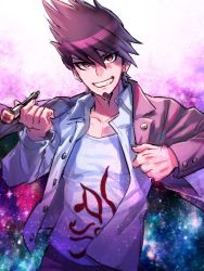 Rule 34 | 10s, 1boy, arm out of sleeve, blouse, collared shirt, danganronpa (series), danganronpa v3: killing harmony, double exposure, facial hair, galaxy print, goatee, grin, hair between eyes, head tilt, jacket, jacket on shoulders, kiseru, looking at viewer, male focus, momota kaito, open clothes, open shirt, purple eyes, purple hair, purple jacket, ringed eyes, shinonoko (tubamecider), shirt, short hair, sky, smile, smoking pipe, solo, space print, spiked hair, star (sky), star (symbol), starry sky, starry sky print, upper body, v-neck, v-shaped eyebrows, white shirt