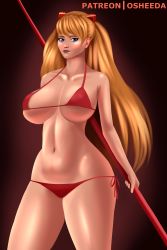 Rule 34 | 1girl, alternate body size, alternate breast size, artist name, bikini, blue eyes, breasts, cleavage, highres, large breasts, legs, lipstick, long hair, looking at viewer, makeup, navel, neon genesis evangelion, orange hair, pole, red bikini, smile, souryuu asuka langley, swimsuit, thick thighs, thighs, twintails, underboob, wide hips
