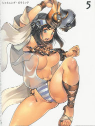 Rule 34 | 00s, 1girl, ancient princess menace, black hair, blue eyes, blue panties, breasts, cameltoe, f.s., high heels, large breasts, menace (queen&#039;s blade), menace (queen's blade), panties, queen&#039;s blade, revealing clothes, sandals, setra, shoes, short hair, solo, striped clothes, striped panties, underboob, underwear