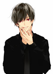 Rule 34 | 1boy, black hair, black jacket, black shirt, commentary request, eyes visible through hair, hair over one eye, head tilt, highres, jacket, long sleeves, looking at viewer, male focus, nagata ozu, open clothes, open jacket, original, parted lips, red eyes, shirt, simple background, smile, solo, upper body, white background