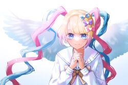 Rule 34 | 1girl, blonde hair, blue bow, blue eyes, blue hair, blue shirt, blue wings, bow, chouzetsusaikawa tenshi-chan, closed mouth, commentary request, feathered wings, hair bow, hand up, highres, interlocked fingers, long hair, long sleeves, looking at viewer, multicolored hair, needy girl overdose, own hands together, pink bow, pink hair, praying, purple bow, quad tails, rodjiura hikage, sailor collar, shirt, smile, solo, upper body, white background, wings, yellow bow