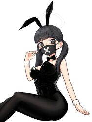 Rule 34 | 1girl, 28 (282teeth), absurdres, animal ears, black eyes, black hair, black leotard, black mask, black pantyhose, blue archive, breasts, detached collar, fake animal ears, feet out of frame, halo, highres, korean commentary, leotard, long hair, looking at viewer, mask, medium breasts, mouth mask, pantyhose, rabbit ears, simple background, solo, strapless, strapless leotard, sukeban (smg) (blue archive), surgical mask, twintails, white background, wrist cuffs