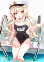 Rule 34 | 1girl, :o, absurdres, arm up, black one-piece swimsuit, blonde hair, blush, breasts, collarbone, covered navel, hat, highres, long hair, looking at viewer, name tag, old school swimsuit, one-piece swimsuit, open mouth, original, picter, pointy ears, pool, pool ladder, poolside, red eyes, school swimsuit, sitting, small breasts, swimsuit, thighs, very long hair, wavy hair, white hat