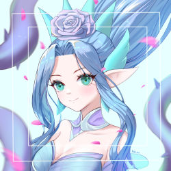 Rule 34 | artist name, bare shoulders, blurry, blurry background, blush, breasts, cleavage, crystal rose janna, detached sleeves, flower, green eyes, green hair, hair flower, hair ornament, hair up, highres, janna (league of legends), kanro (1164745862), league of legends, long hair, medium breasts, parted bangs, pointy ears, smile, white background