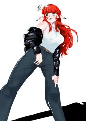 1girl alfdavinchi alternate_costume belt black_jacket blue_pants blunt_bangs breasts brown_belt commentary contemporary denim english_commentary hand_on_own_leg highres hulkenberg_(metaphor:_refantazio) jacket jacket_on_shoulders jeans large_breasts long_hair long_pointy_ears looking_ahead lower_eyelashes_only metaphor:_refantazio pants parted_lips pointy_ears red_hair shiny_clothes shiny_skin shirt signature single_bare_shoulder tank_top white_background white_shirt white_tank_top