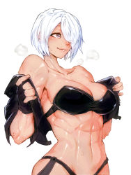 Rule 34 | 1girl, abs, angel (kof), bare shoulders, bra, breasts, cropped jacket, fingerless gloves, gloves, hair over one eye, highres, jacket, large breasts, leather, leather jacket, minew, muscular, muscular female, open clothes, open jacket, snk, solo, strapless, strapless bra, the king of fighters, the king of fighters xiv, toned, underwear, undressing, white hair