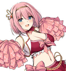 1girl, bangs, blue eyes, blush, breasts, cheerleader, cleavage, cropped vest, hairband, holding, holding pom poms, horosuke (toot08), large breasts, looking at viewer, midriff, navel, open clothes, open mouth, open vest, pink hair, pom poms, princess connect!, princess connect! re:dive, red skirt, red sports bra, skirt, smile, sports bra, vest, white vest, yui (princess connect!)