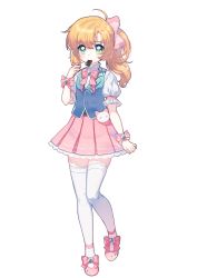 Rule 34 | 1girl, absurdres, blue vest, bow, brown hair, chocolate, closed mouth, food in mouth, full body, green eyes, hair between eyes, hair bow, hand up, highres, long hair, mechuragi, mouth hold, original, pink bow, pink footwear, pink skirt, pleated skirt, ponytail, puffy short sleeves, puffy sleeves, shirt, shoes, short sleeves, simple background, skirt, solo, standing, standing on one leg, thighhighs, vest, white background, white shirt, white thighhighs