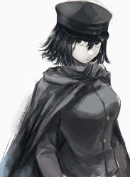 Rule 34 | 1girl, absurdres, akitsu maru (kancolle), bad id, bad twitter id, black cape, black eyes, black gloves, black hair, black hat, breasts, cape, closed mouth, gloves, grey background, hagioshi, hair between eyes, hat, highres, kantai collection, large breasts, long sleeves, military, military uniform, pale skin, peaked cap, short hair, simple background, solo, uniform, upper body