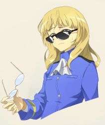 Rule 34 | 1girl, absurdres, ascot, blonde hair, blue jacket, closed mouth, cropped torso, glasses, highres, holding, jacket, military, military uniform, noah (0bp3292), perrine h. clostermann, simple background, strike witches, sunglasses, sweatdrop, undershirt, uniform, world witches series, yellow eyes