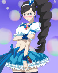Rule 34 | 1girl, angry, black hair, blue eyes, blue skirt, blush, cellphone, cosplay, crop top, cure berry, cure berry (cosplay), drill hair, embarrassed, fresh precure!, frilled skirt, frills, hair ornament, hairband, heart, heart hair ornament, highres, kumashiro maya, magical girl, midriff, muka, navel, no choker, phone, ponytail, precure, ribbon, seikimatsu occult gakuin, side ponytail, skirt, solo, thighhighs, wrist cuffs