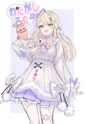Rule 34 | 1girl, absurdres, arm at side, arm behind back, blonde hair, blush, border, bow, brooch, buttons, character name, choker, coat dress, cowboy shot, diamond (shape), diamond hair ornament, dress, dress bow, eyelashes, floating hair, flower, frilled sleeves, frills, hair bow, hair intakes, hair ornament, hairclip, half-closed eyes, hand up, heart, heart brooch, highres, indie virtual youtuber, jewelry, lips, long hair, long sleeves, looking at another, multiple hair bows, open mouth, outside border, pendant, pendant choker, pink bow, pink ribbon, pleated dress, polka dot, polka dot background, pom pom (clothes), puffy long sleeves, puffy sleeves, purple bow, purple choker, purple eyes, purple ribbon, raised eyebrows, ribbon, rose, sidelocks, sleeve bow, smile, striped bow, striped ribbon, swept bangs, teeth, thigh strap, thighhighs, translation request, two-tone ribbon, upper teeth only, virtual youtuber, watagashi unou, welle, white border, white bow, white dress, white flower, white rose, white thighhighs, wide sleeves, x, x hair ornament